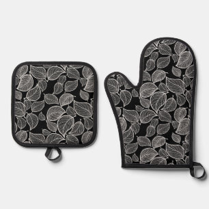Set De Manoplas Hojas blancas sobre negro