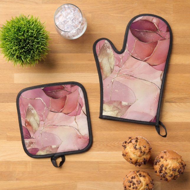 Set De Manoplas Hojas doradas rosa rubor burdeos  (De arriba hacia abajo)