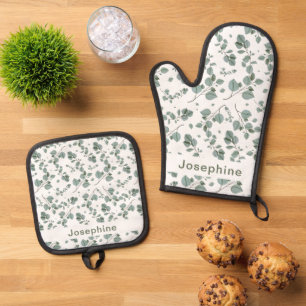 Set De Manoplas Hojas florales verdes personalizadas en blanco