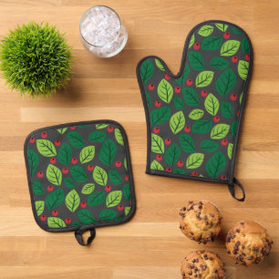 Set De Manoplas Hojas verdes, bayas rojas, patrón de hojas