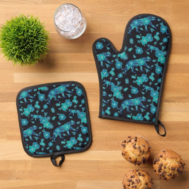Set De Manoplas Holder de la olla de tigre floral y Oven Mitt (De arriba hacia abajo)