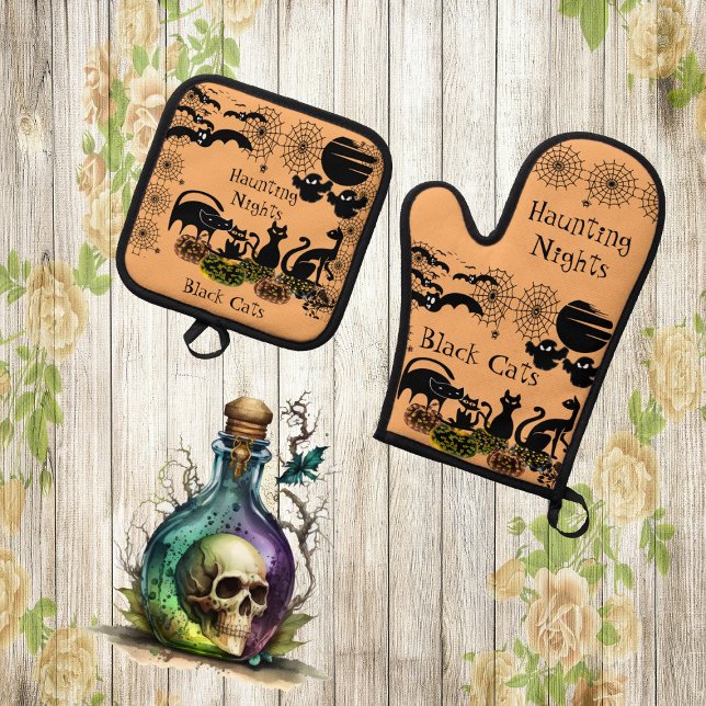 Set De Manoplas Horror de la Calabaza Negra de Halloween Noches de (Haunting Nights Halloween Pumpkin Black Cat Horror Oven Mitt & Pot Holder Set)