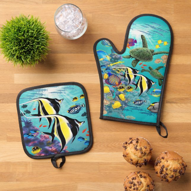 Set De Manoplas Ilustracion de pescado tropical de Hawái (De arriba hacia abajo)