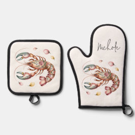 Set De Manoplas Ilustracion Floral Folk Art Lobster