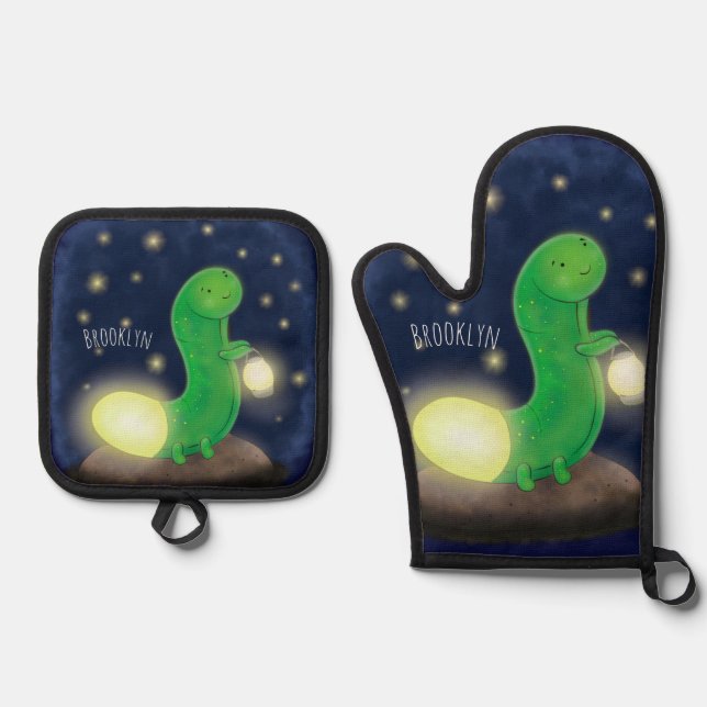 Set De Manoplas Ilustracion personalizado de gusano de brillo verd (Anverso)
