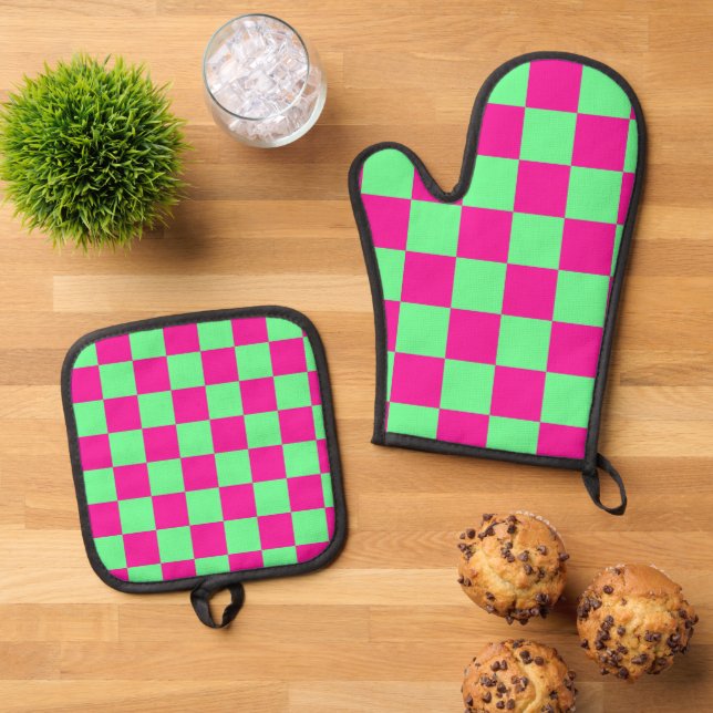 Set De Manoplas Impresión de cuadros rosa y verde (De arriba hacia abajo)