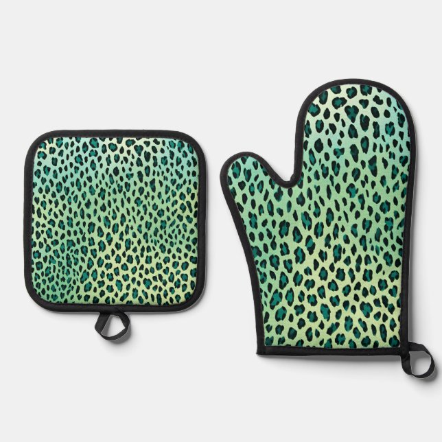 Set De Manoplas Impresión de leopardo azul turquesa y verde (Anverso)