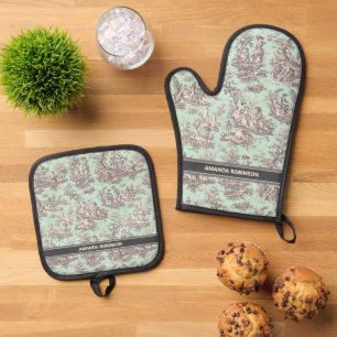 Set De Manoplas Impresión de tela de jouy de menta negra vintage