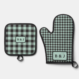 Set De Manoplas Iniciales Monogramas de Mint & Black Buffalo Plaid