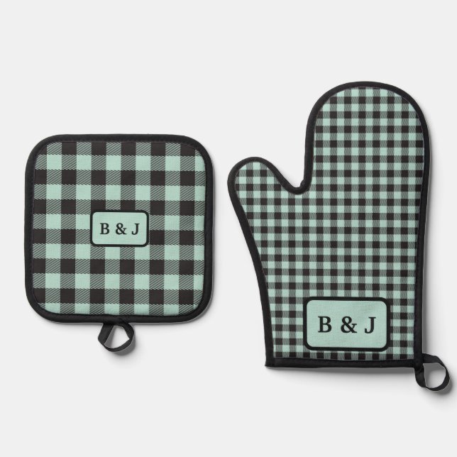 Set De Manoplas Iniciales Monogramas de Mint & Black Buffalo Plaid (Anverso)