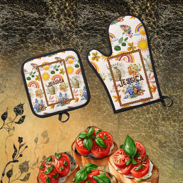 Set De Manoplas Jardín de primavera mariposa Arcoiris Sunshine Gre (Spring Garden Butterfly Rainbow Sunshine Greenery Oven Mitt & Pot Holder Set)