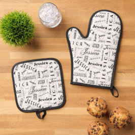 Set De Manoplas Jessica Nombre Personalizado Negro Blanco