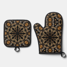 Juego de manopla de horno decorativa dorada y salv