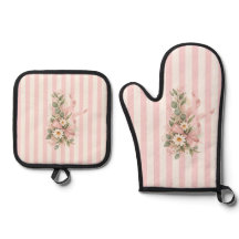 Juego de manopla y salvamanteles de flores rosadas