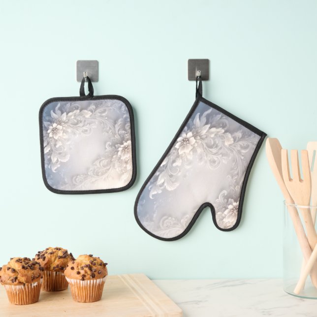Set De Manoplas Juego de Oven Mitt & Pot Holder Floral Blanco (Insitu (colgante))