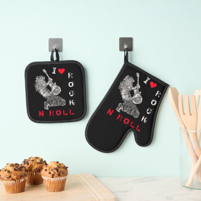 Set De Manoplas Jugador de guitarra rock Oven Mitt & Pot Holder Se (Insitu (colgante))