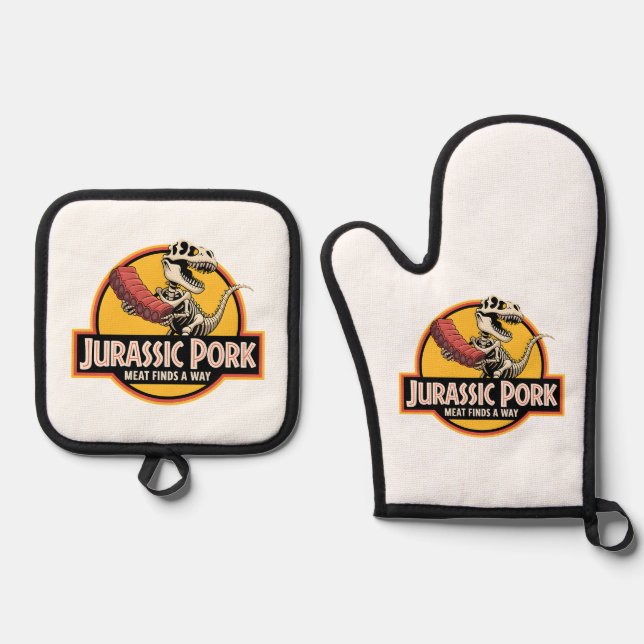 Set De Manoplas Jurassic Pork – BBQ Humor Ofenhandschuhe (Anverso)