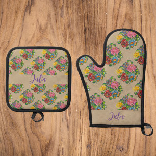 Set De Manoplas Kalocsai floral-añadir nombre horno mitt & pot hol