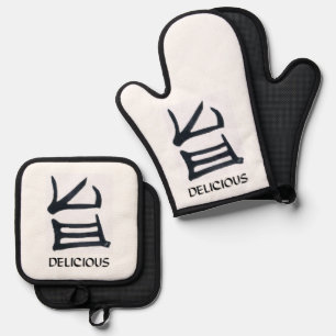 Set De Manoplas Kanji Delicious horno blanco negro mitt portacolla