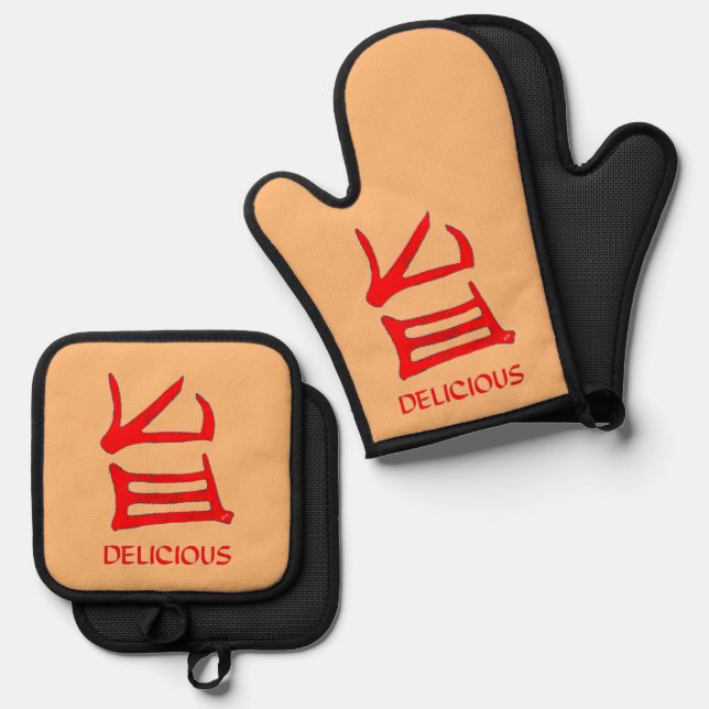 Set De Manoplas Kanji Delicious rojo tan horno mitts portacolchone (Anverso/Reverso)