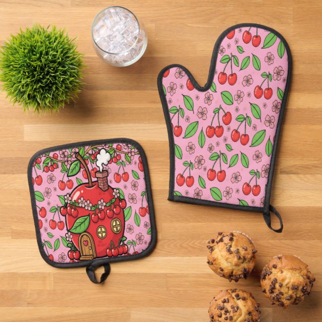 Set De Manoplas Kawaii Red Cherry Vibes Cute Girly Aesthetic (De arriba hacia abajo)