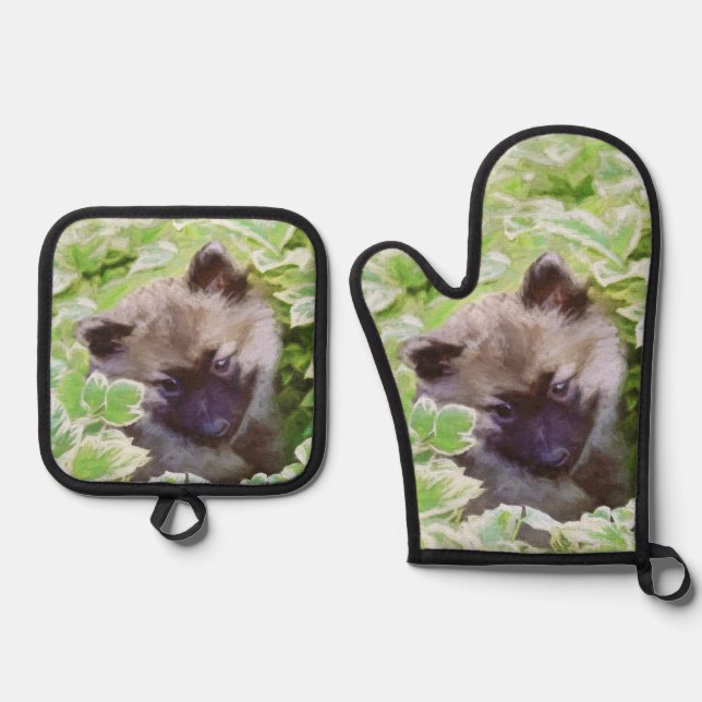 Set De Manoplas Keeshond Pintura de pimienta en el jardín Arte Ori (Anverso)