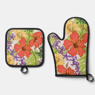 Set De Manoplas Keleah Hibiscus y Orquídeas tropicales de Hawái