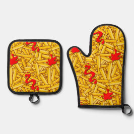 Set De Manoplas Ketchup y Fries Patrón de comida divertida