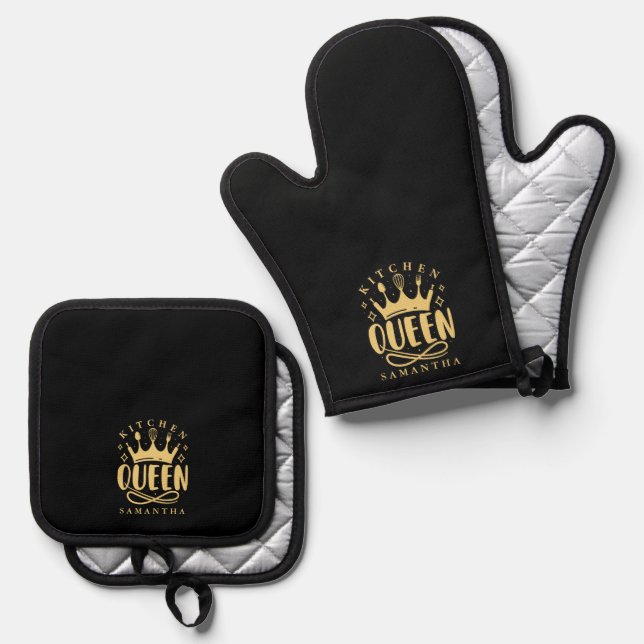 Set De Manoplas Kitchen Queen Gold Crown Custom Name (Anverso/Reverso)