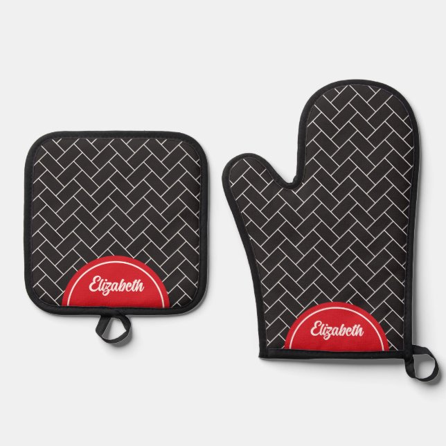 Set De Manoplas Ladrillo Herringbone personalizado blanco negro (Anverso)