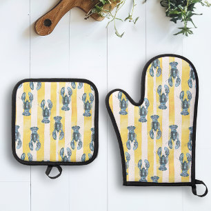 Set De Manoplas Langosta Acuarela Azul Náutico Franja Amarilla