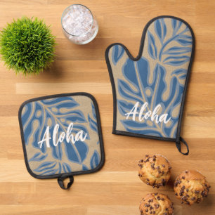Set De Manoplas Leaf Tiki Indigo Blue Hawaiian Tropical
