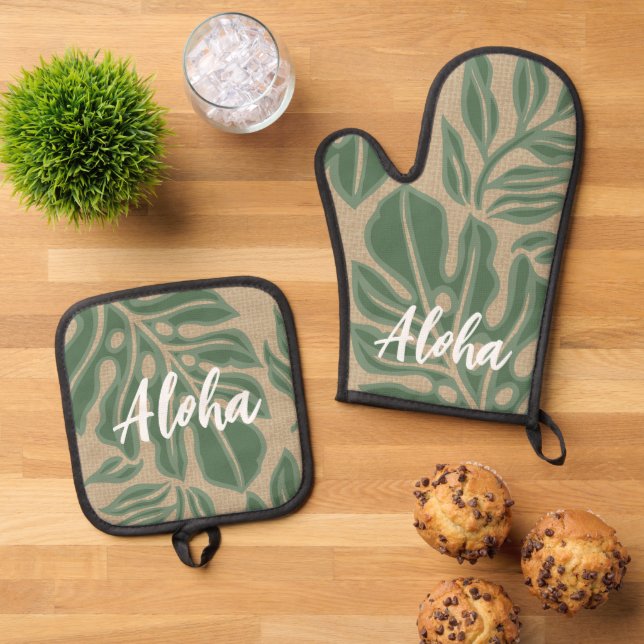 Set De Manoplas Leaf Tiki Sage Green Hawaiian Tropical (De arriba hacia abajo)