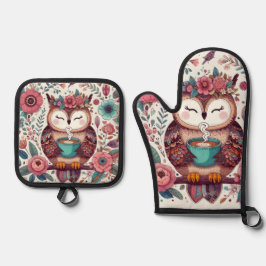 Set De Manoplas Lechuza Boho con una taza de tazas de café;