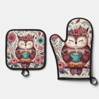Set De Manoplas Lechuza Boho con una taza de tazas de café;