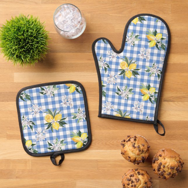 Set De Manoplas Lemon y Blue Gingham Kitchen Essentials (De arriba hacia abajo)