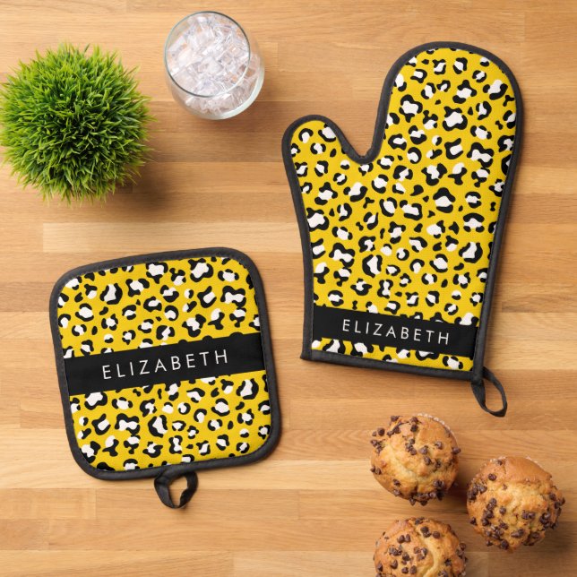 Set De Manoplas Leopard Print, Spots, Yellow Leopard, tu nombre (De arriba hacia abajo)