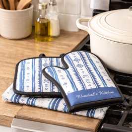 Set De Manoplas Lienzos de Cocina Inspirados en Japón, Azul y Blan