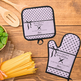 Set De Manoplas Lindo Chic Femenino Lila Claro y Lunares Negros