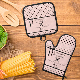 Set De Manoplas Lindo Chic Femenino Rosa Sonrosado y Lunares Negro