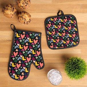 Set De Manoplas Lindo Patrón Artístico de Corazones en Verde Menta