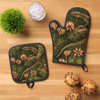 Set De Manoplas Lizard y flores silvestres de estilo Art Nouveau d