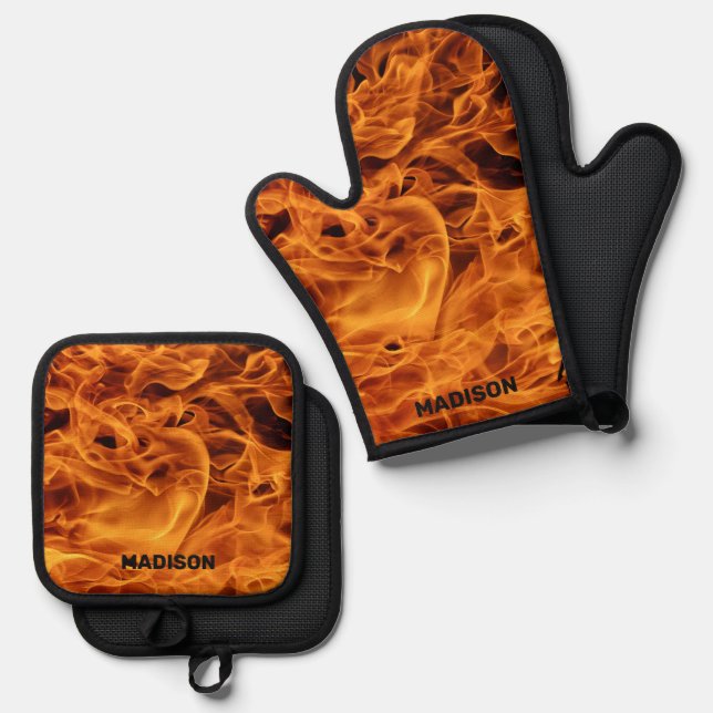 Set De Manoplas Llamas de incendio de nombre personalizado (Anverso/Reverso)