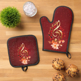 Set De Manoplas Lluvia de oro con hojas rojas.