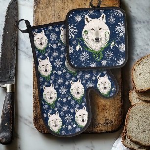 Set De Manoplas Lobo Ártico Blanco Místico Flor de Invierno Azul