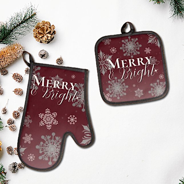 Set De Manoplas Los Navidades de las Copas de Nieve, fríos y brill (Red Merry and Bright Snowflakes Christmas Oven Mitt and Pot Holder Set)