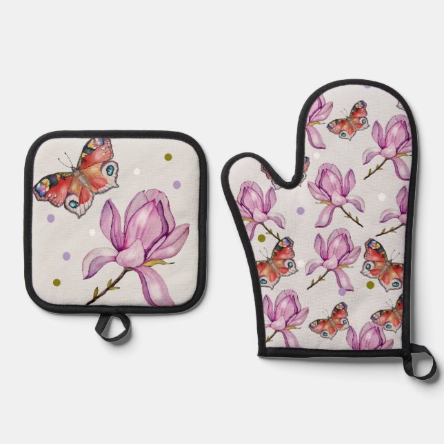 Set De Manoplas Magnolia and butterflies, watercolor pattern (Anverso)