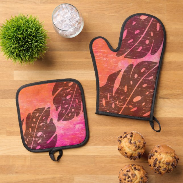 Set De Manoplas Maikai Hawaiian Monstera Leaf Tie-Dye Fuchsia (De arriba hacia abajo)