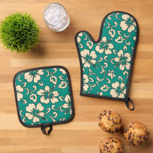 Set De Manoplas Malia Hawaiian Hibiscus Floral Jade