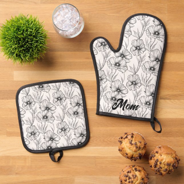 Set De Manoplas Mamá floral blanca y negra moderna personalizada (De arriba hacia abajo)